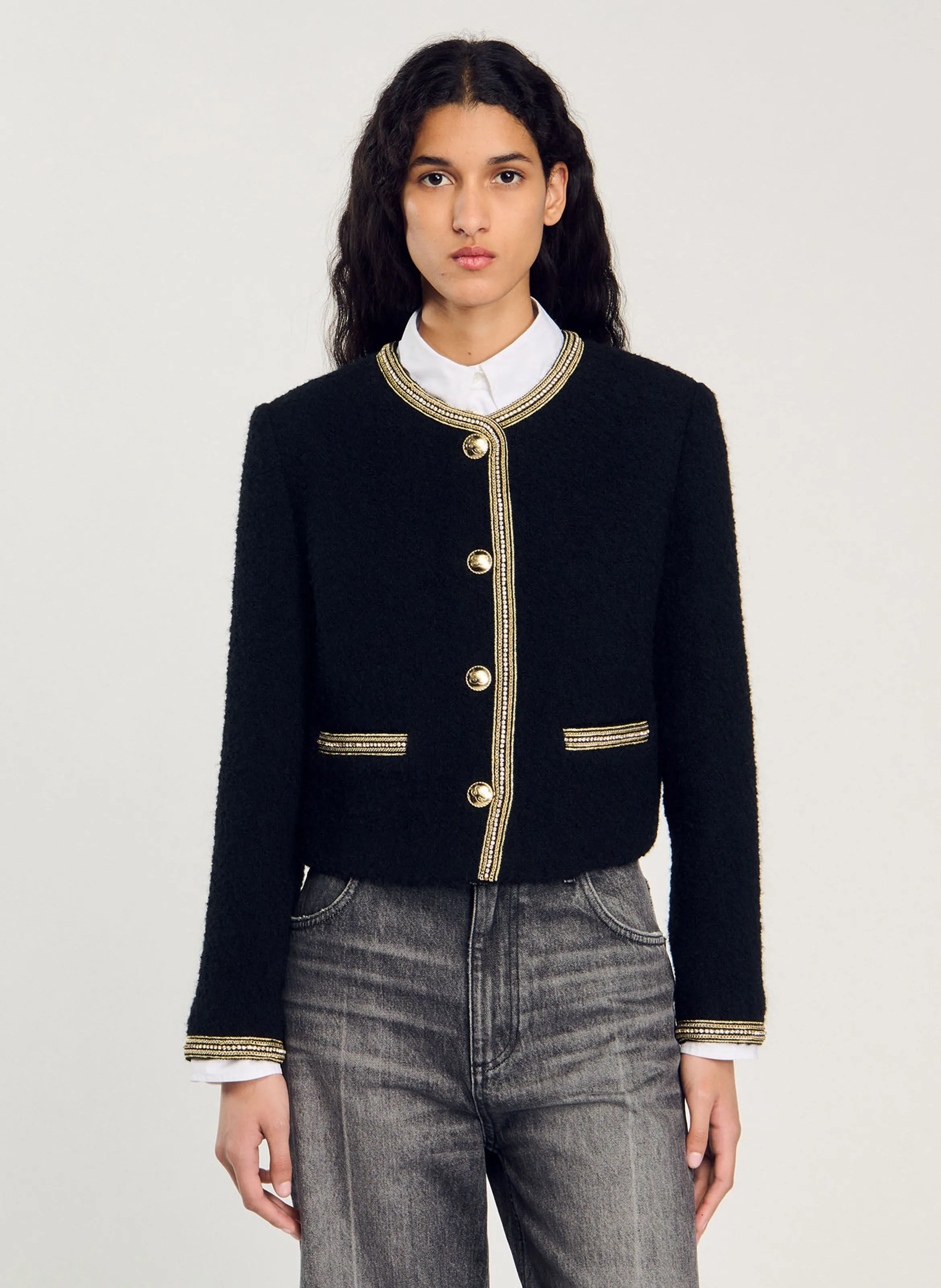 Chaqueta de tweed recta en negro