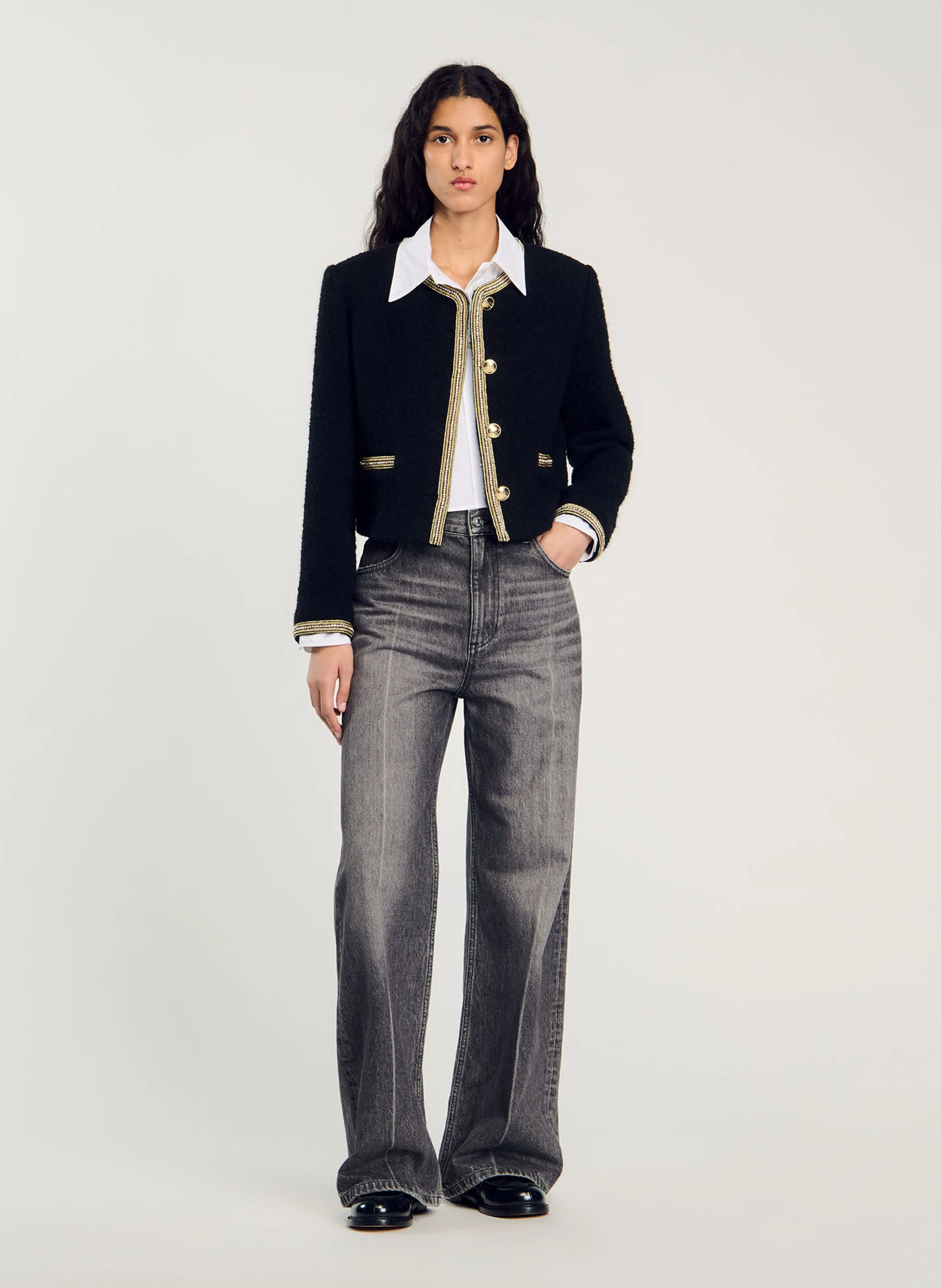 Chaqueta de tweed recta en negro