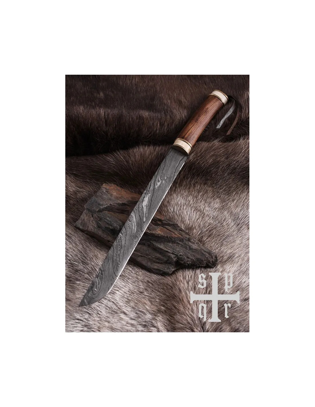 Cuchillo damasco vikingo Seax, puño nuez y hueso