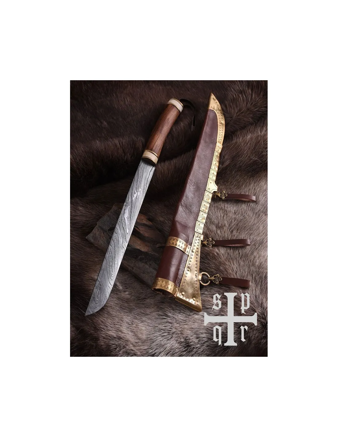 Cuchillo damasco vikingo Seax, puño nuez y hueso
