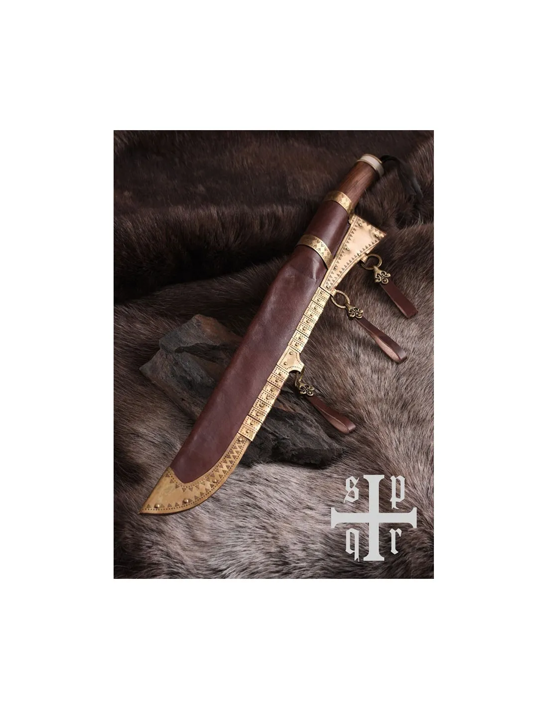 Cuchillo damasco vikingo Seax, puño nuez y hueso