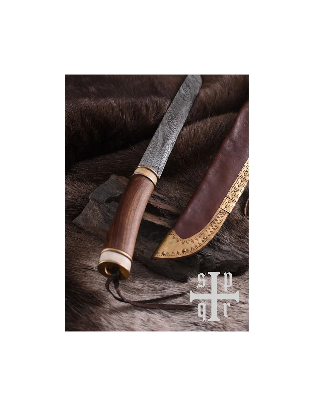 Cuchillo damasco vikingo Seax, puño nuez y hueso