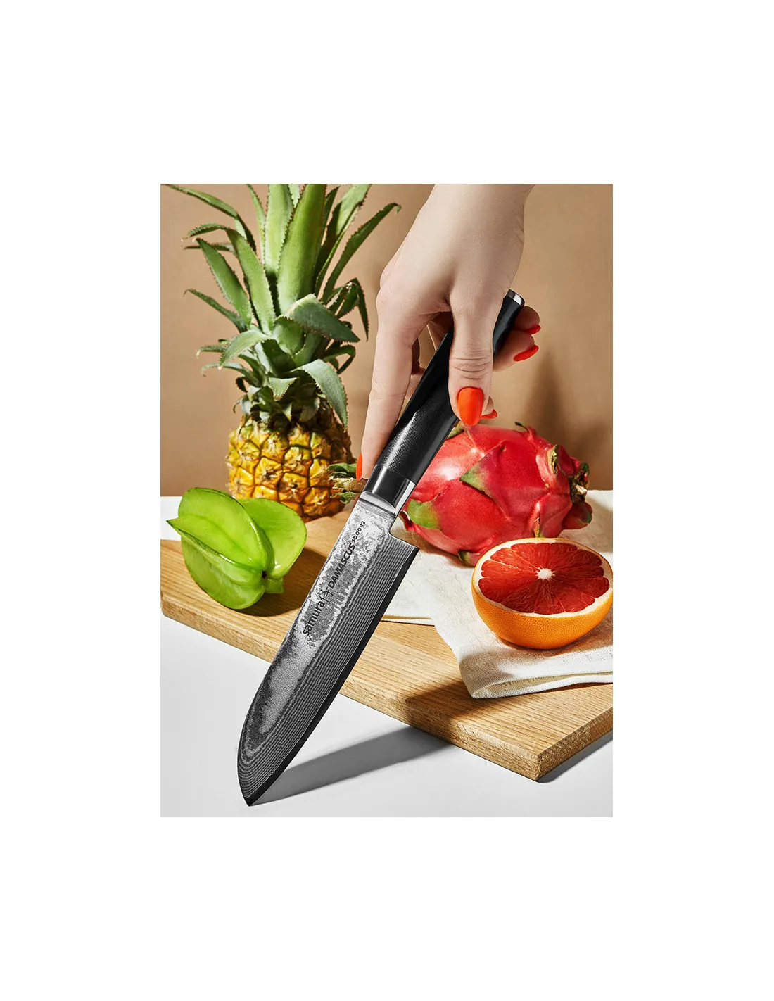 Cuchillo Santoku Samura serie Damasco, hoja 150 mm.
