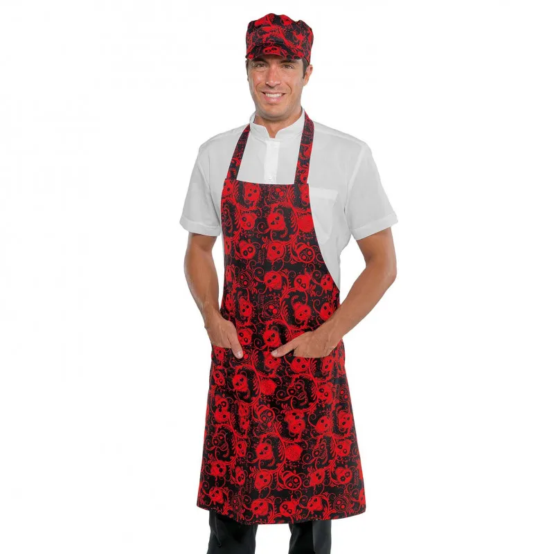 DELANTAL PETTORINA NEGRO CON CALAVERAS ROJAS  ISACCO