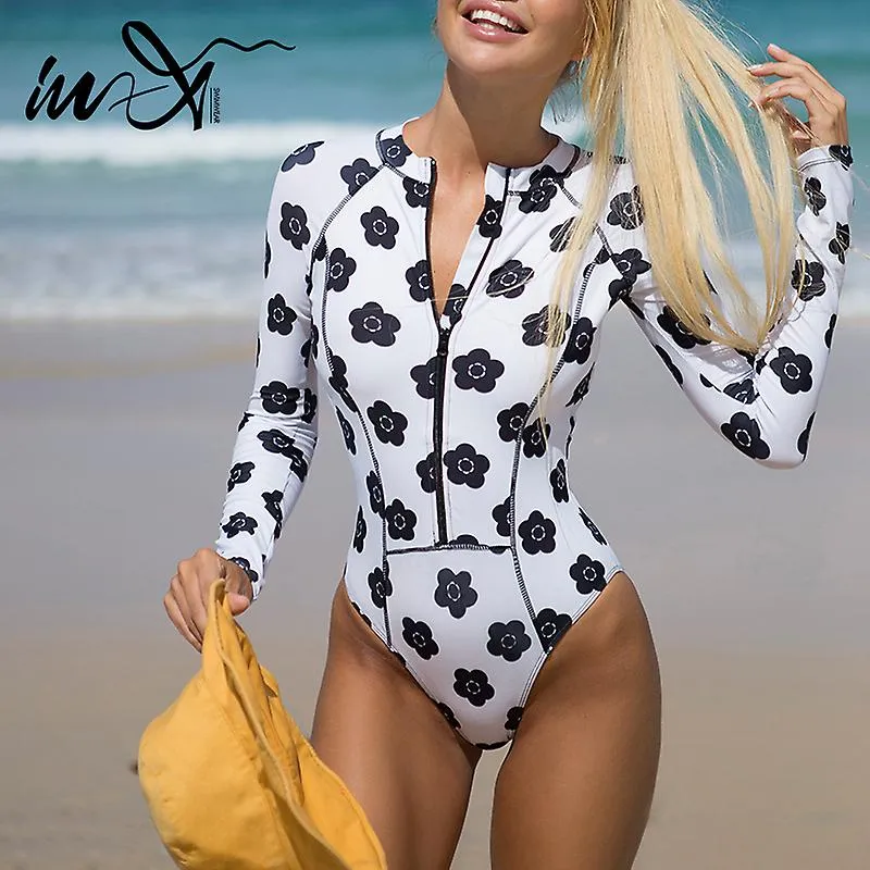 INX RITS EEN STUK BADPAK VROUWEN ZWEMMEN PAK BLOEMENPRINT MONOKINI LANGE MOUWEN BADMODE VROUWELIJKE SPORT PAK SEXY