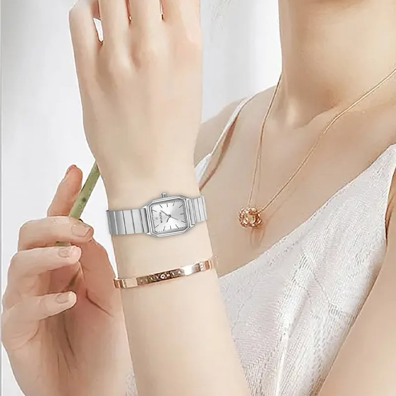 Reloj para Mujeres Women Deluxe Business Quartz Watch Square Unique Dial Stainless Steel Wrist Watch for Ladies Bracelet Watch C
