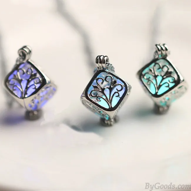 Retro Luminous Hollow Cubic Wishing Tree Night Stone Pendant Clavicle Chain Necklace 