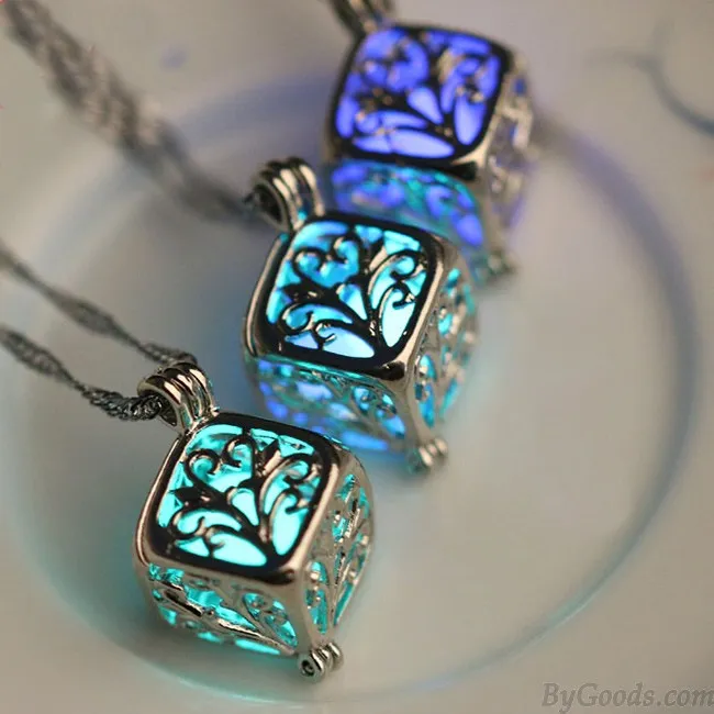 Retro Luminous Hollow Cubic Wishing Tree Night Stone Pendant Clavicle Chain Necklace 
