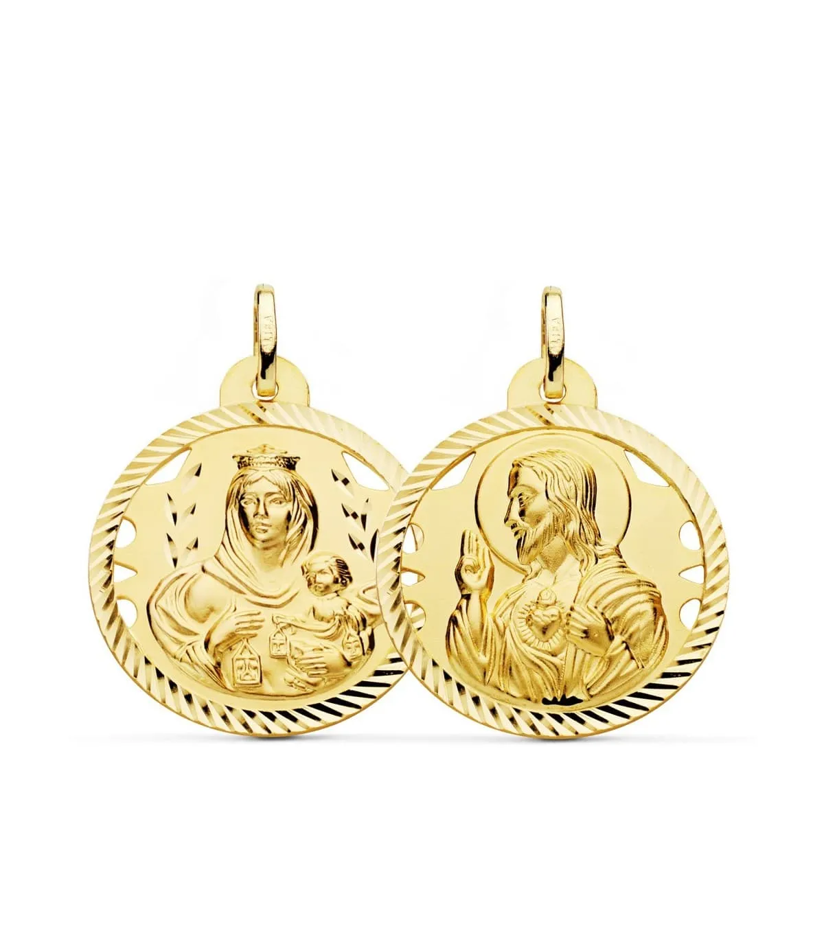 Scapulaire Vierge du Mont Carmel et Sacré Coeur Or 18 K 26mm Ajourée
