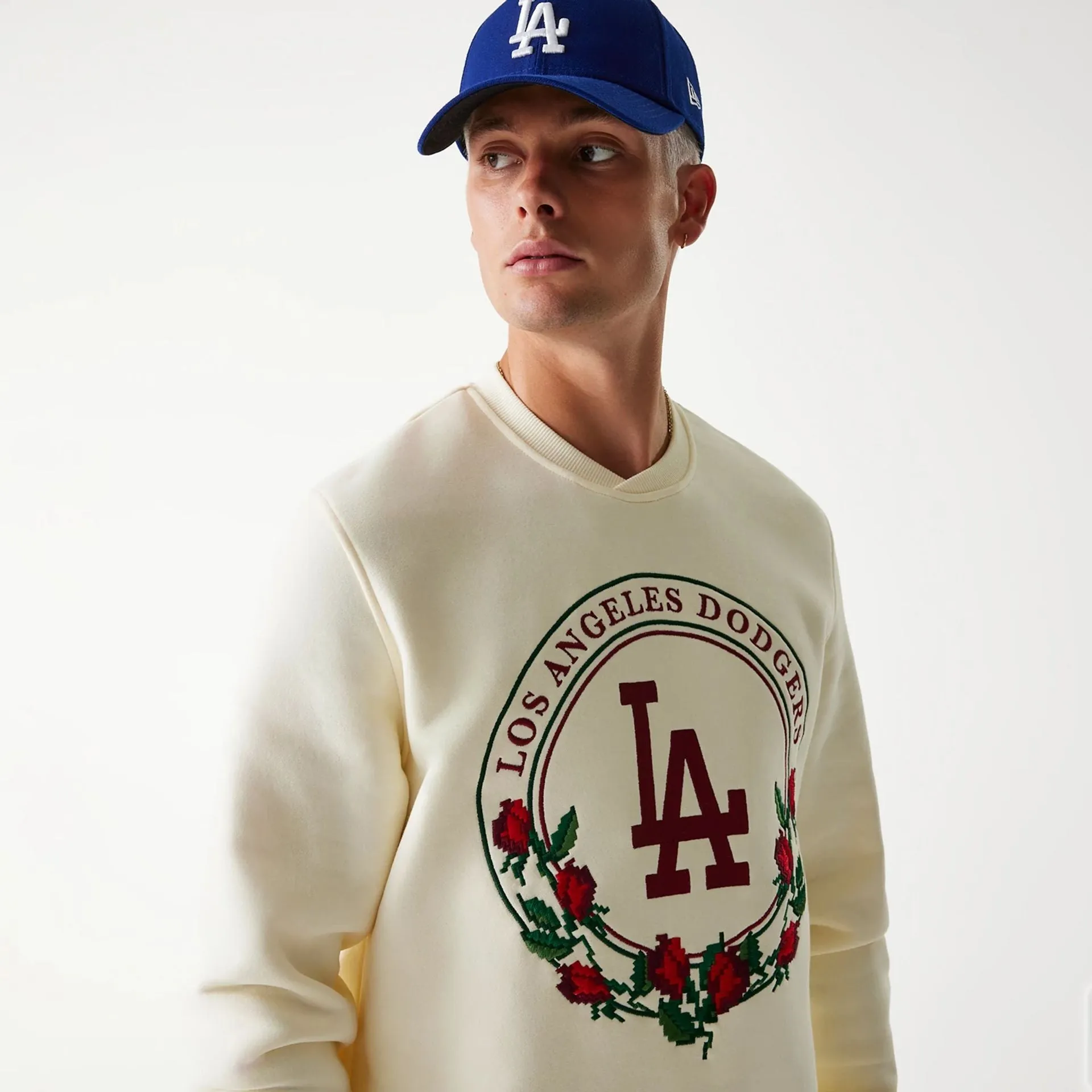 Sudadera Crew Neck LA Dodgers Red Roses Blanco